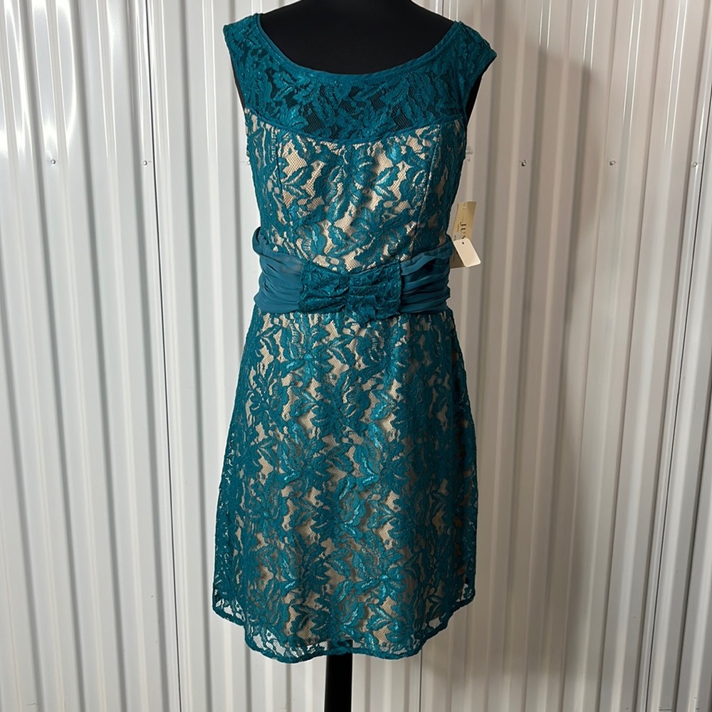 Juno Teal Lace Overlay A-Lined Dress. NWT